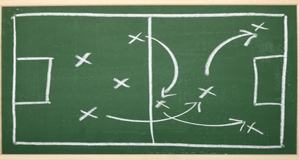 A green chalkboard with soccer game plans